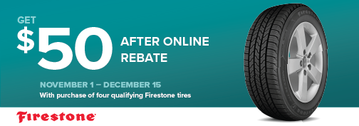 Firestone 4 Tire $50 PrePaid Visa Card Mail in Rebate 11/01/2024 through 12/15/2024